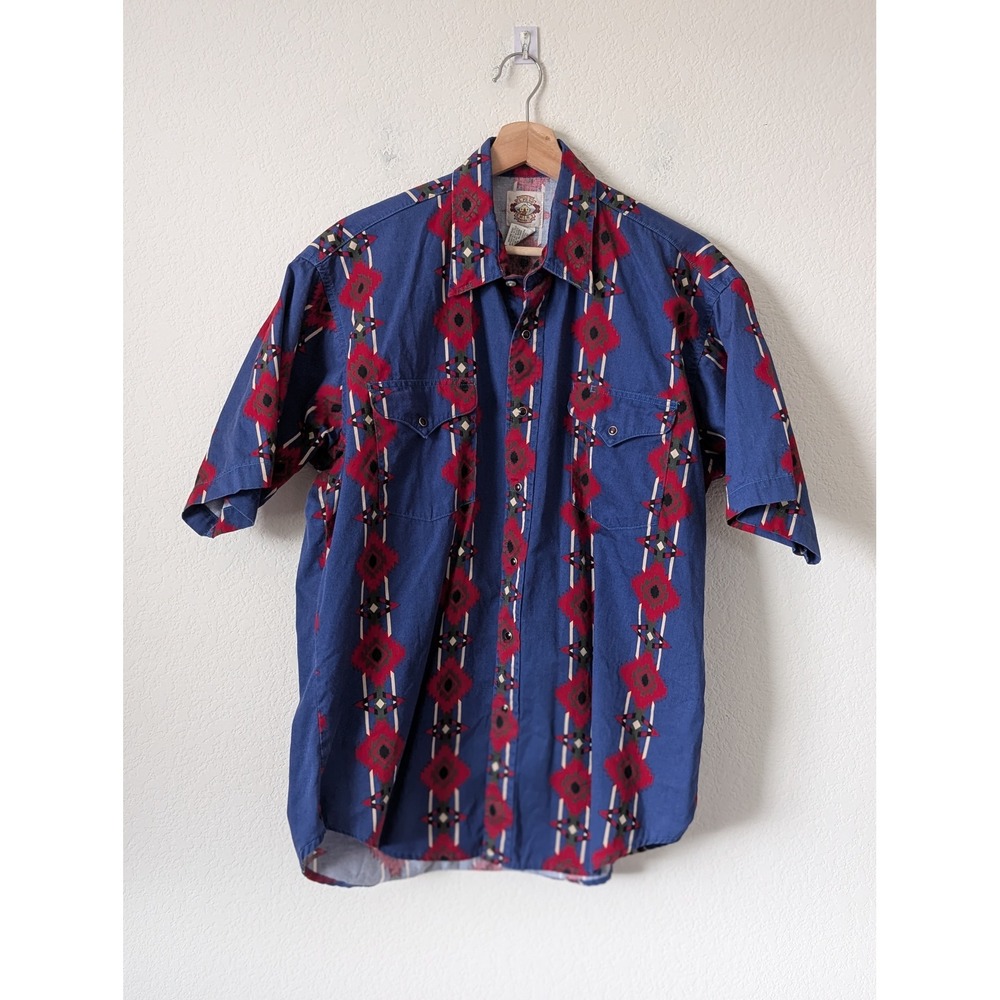 Old El Paso Shirt Mens Large Blue Southwestern Aztec Short Sleeve Rodeo Cowboy
